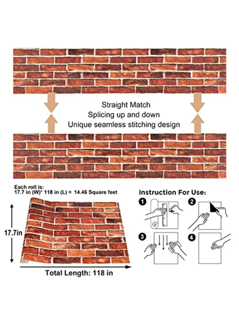 Red Brick Peel & Stick Wallpaper Removable Vinyl Contact Paper Fireplace 17x118